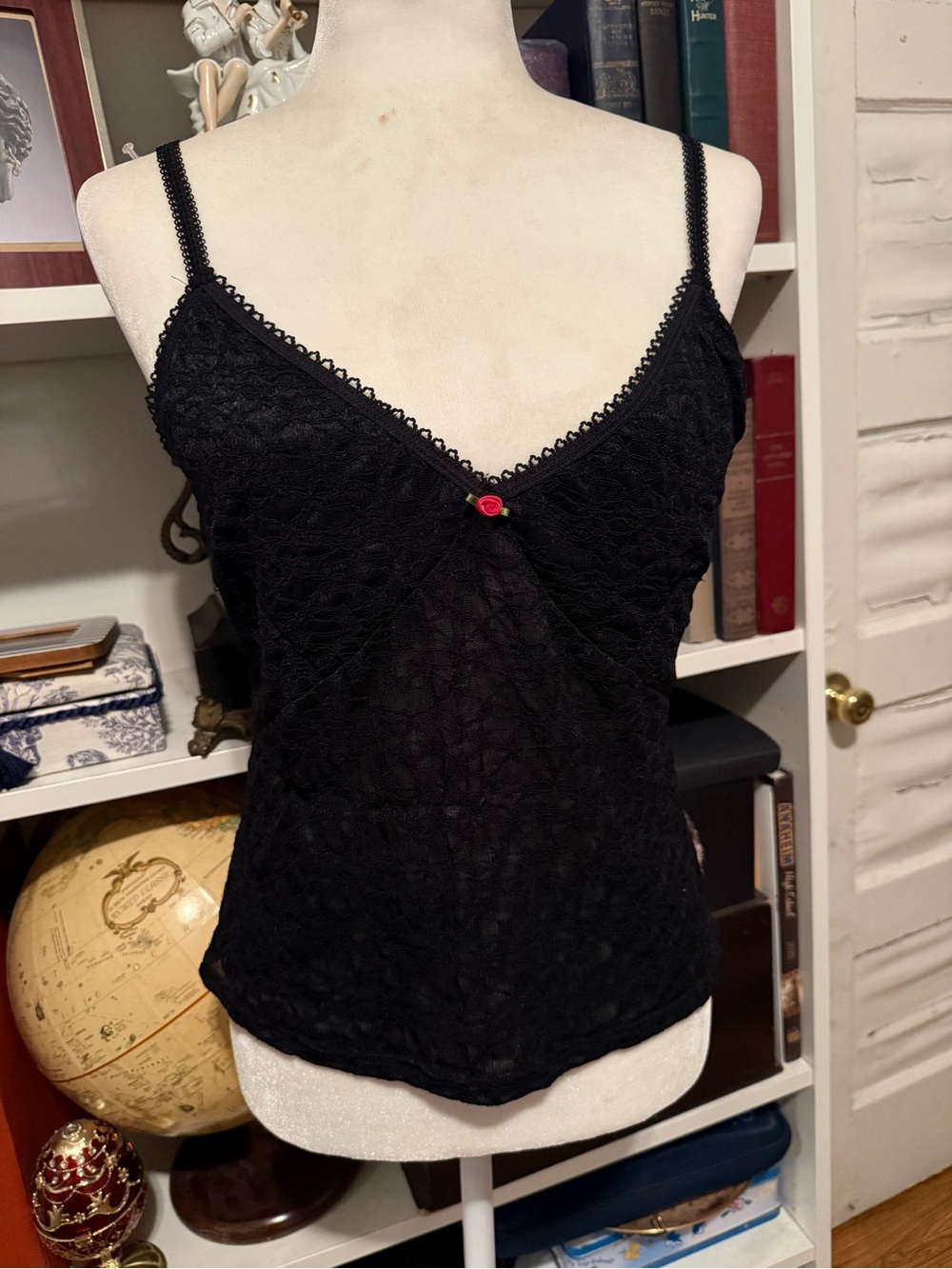 french pastry Black Lace Camisole with Pink Trim Accent